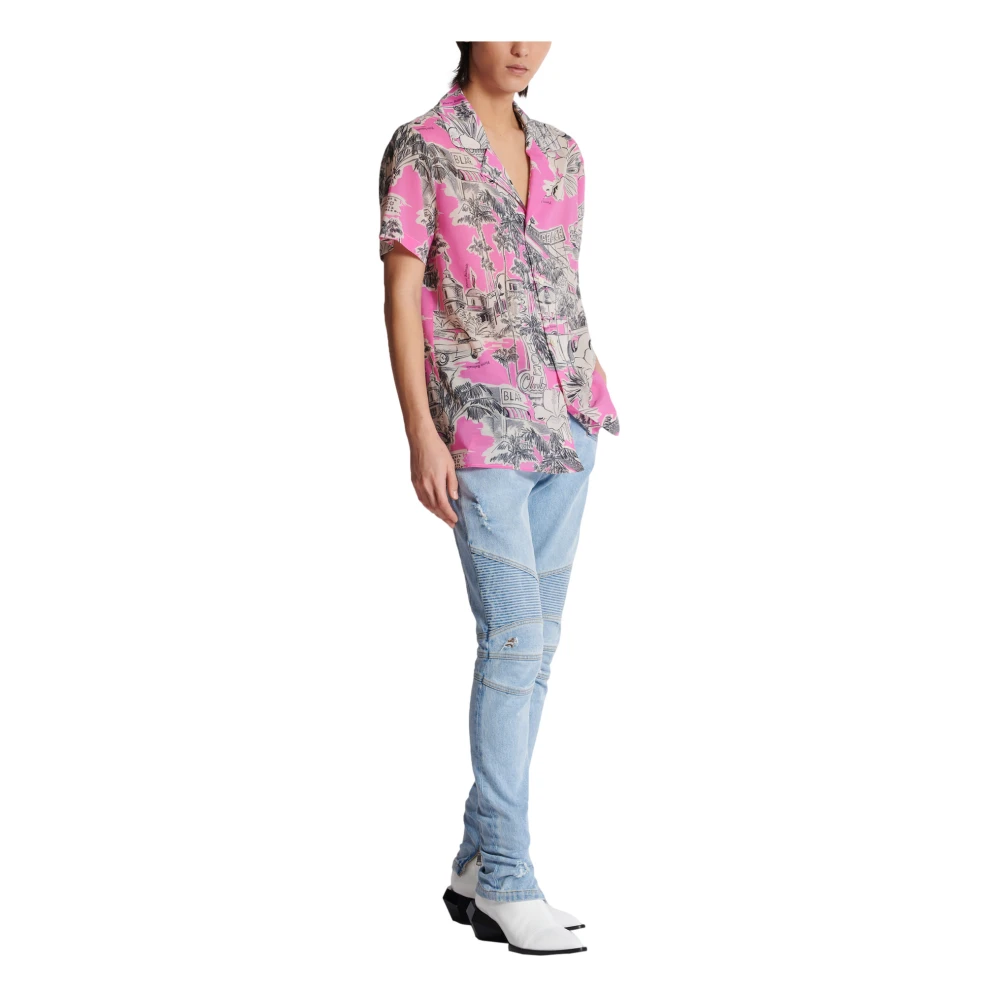 Balmain Kortemouw zijden pyjamashirt met Miami-print Pink Heren