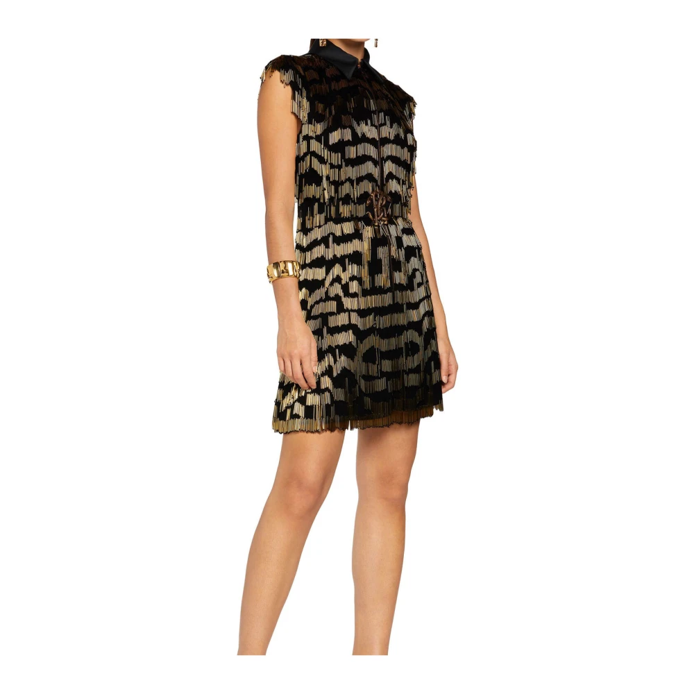 Roberto Cavalli Spiegel Snake Jurk met kralenfranje Black Dames