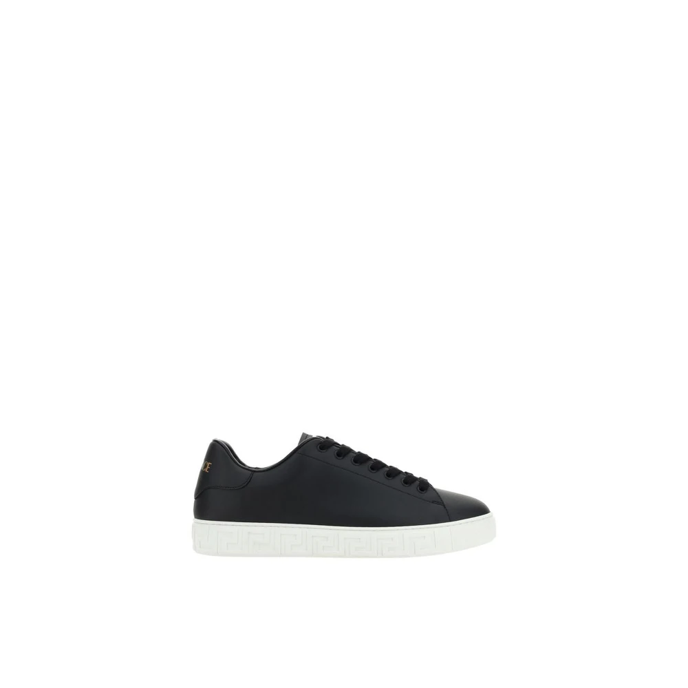Versace Men's Black Sneakers,, Greek Embossed Calfskin Trainers With Monogram Size 9 Uk