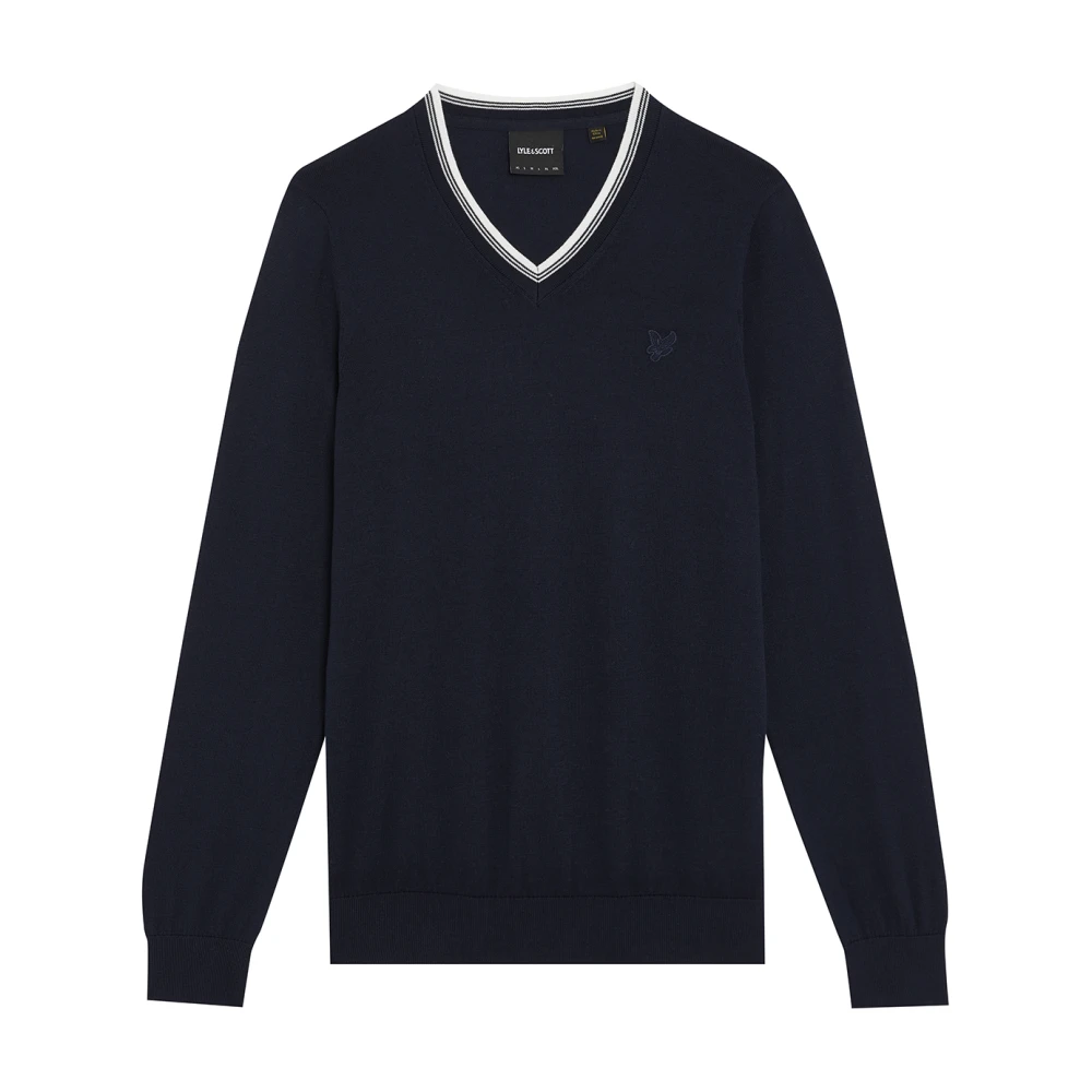 Lyle & Scott Mid Knits Tipped V Neck Jumper Blue, Herr