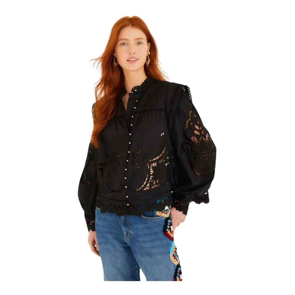 Farm Rio Women's Black Blouses, M, Richelieu Blouse