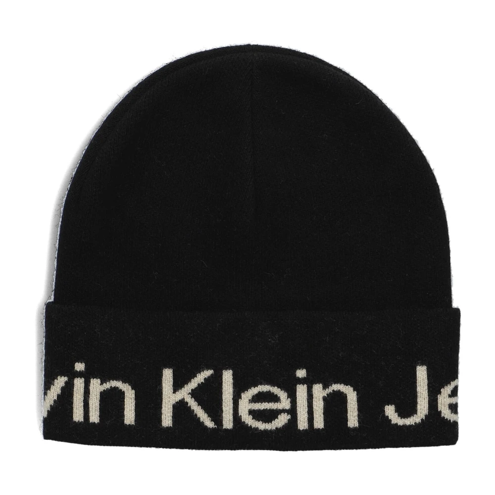 Calvin Klein Logo Beanie Zwarte Wol Muts Black Dames
