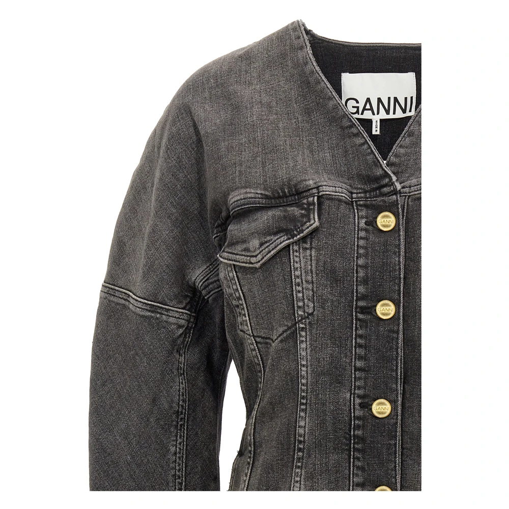 Ganni Zwarte Denim V-Hals Blazer Jas Black Dames