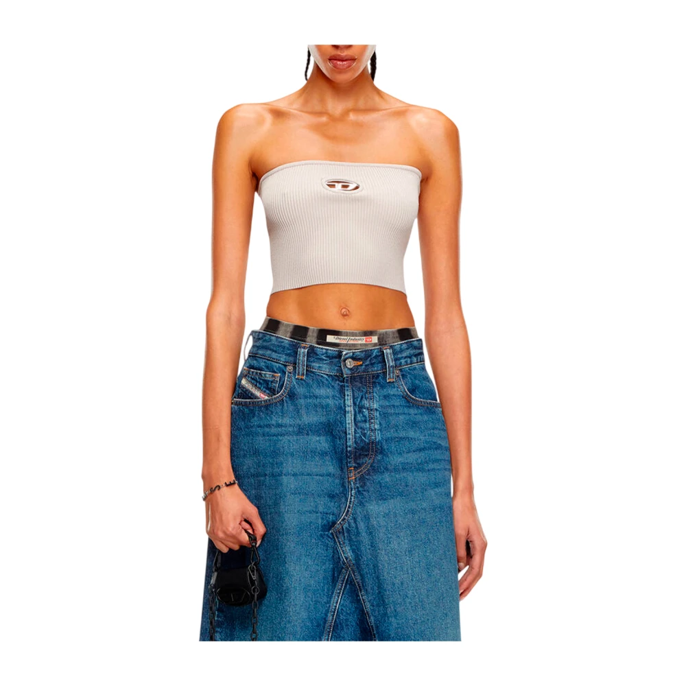 Diesel Geribbelde Casual Top met Ovaal Logo White Dames