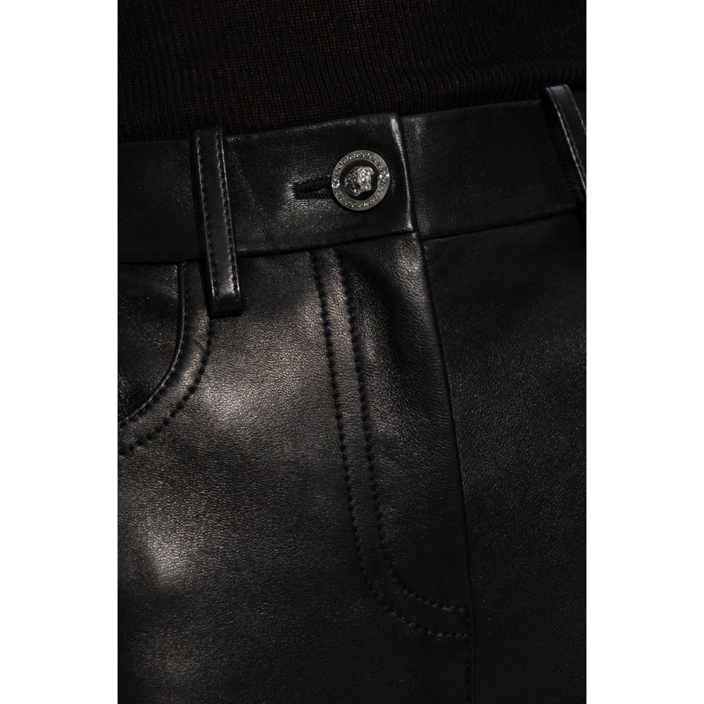 Versace Leren broek met logo Black Dames