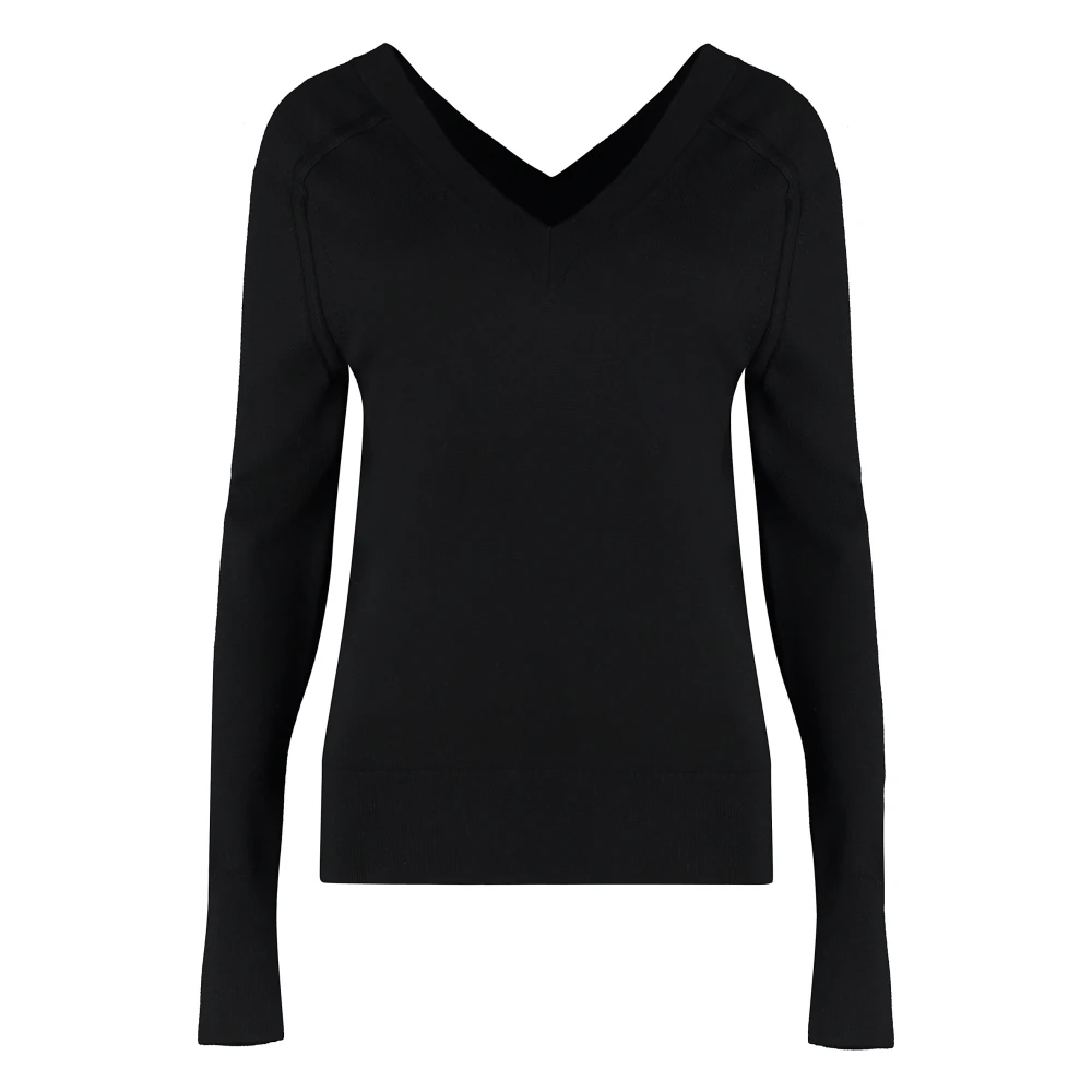 Calvin Klein Geribbelde V-hals Wollen Trui Black Dames