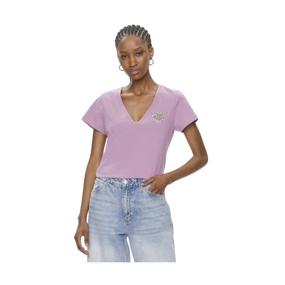 Pinko Logo Shiny V-Hals T-Shirt Purple Dames