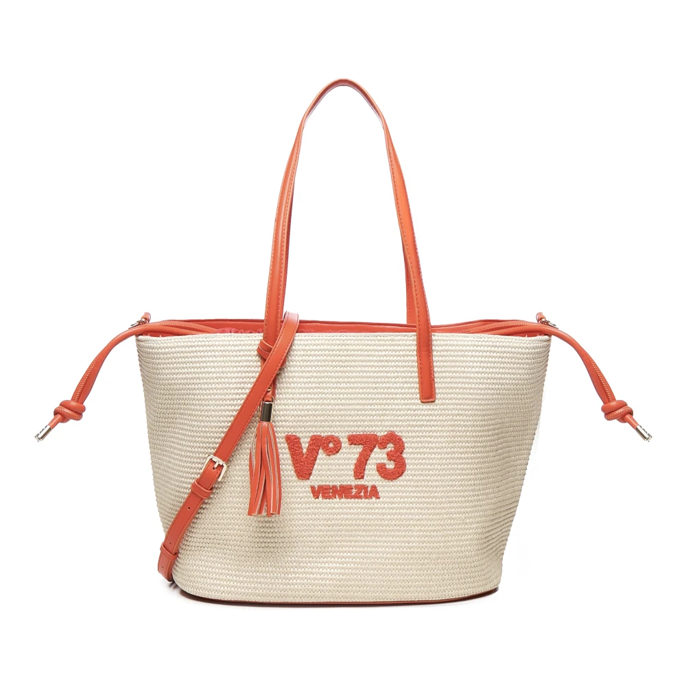 V73 Beige Shopping Bags, Female, One Size, Straw Effect Tote Bag With Logo
