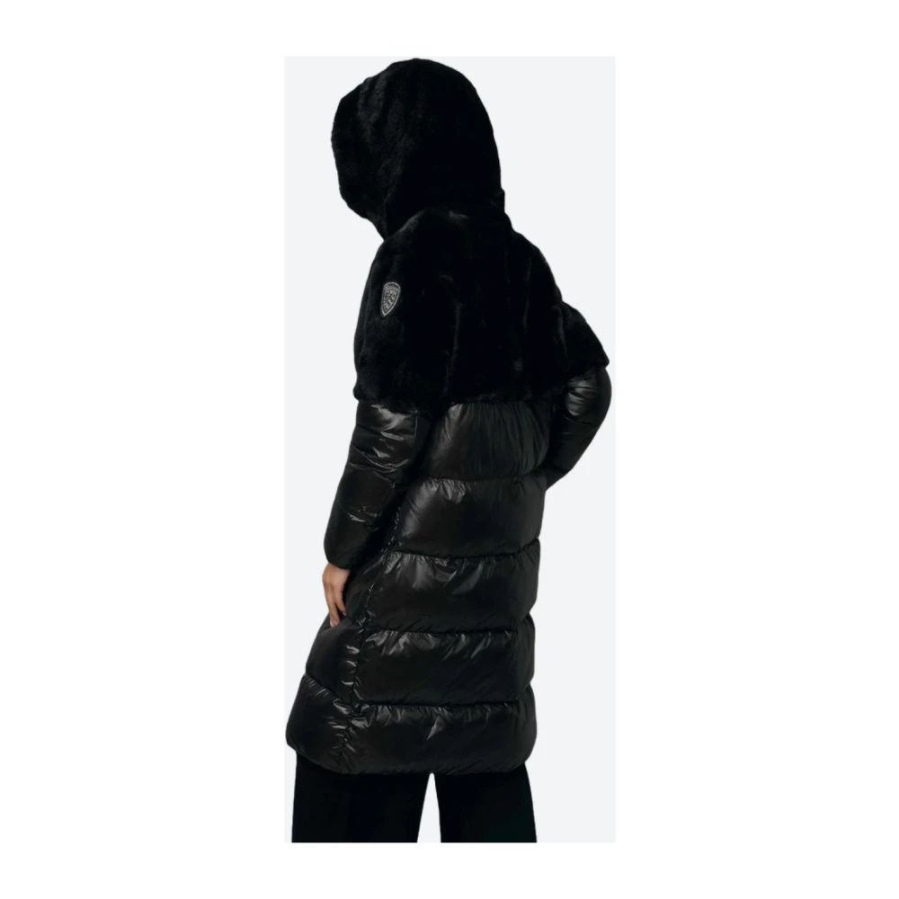 Blauer Lange nylon puffer met eco bont Black Dames