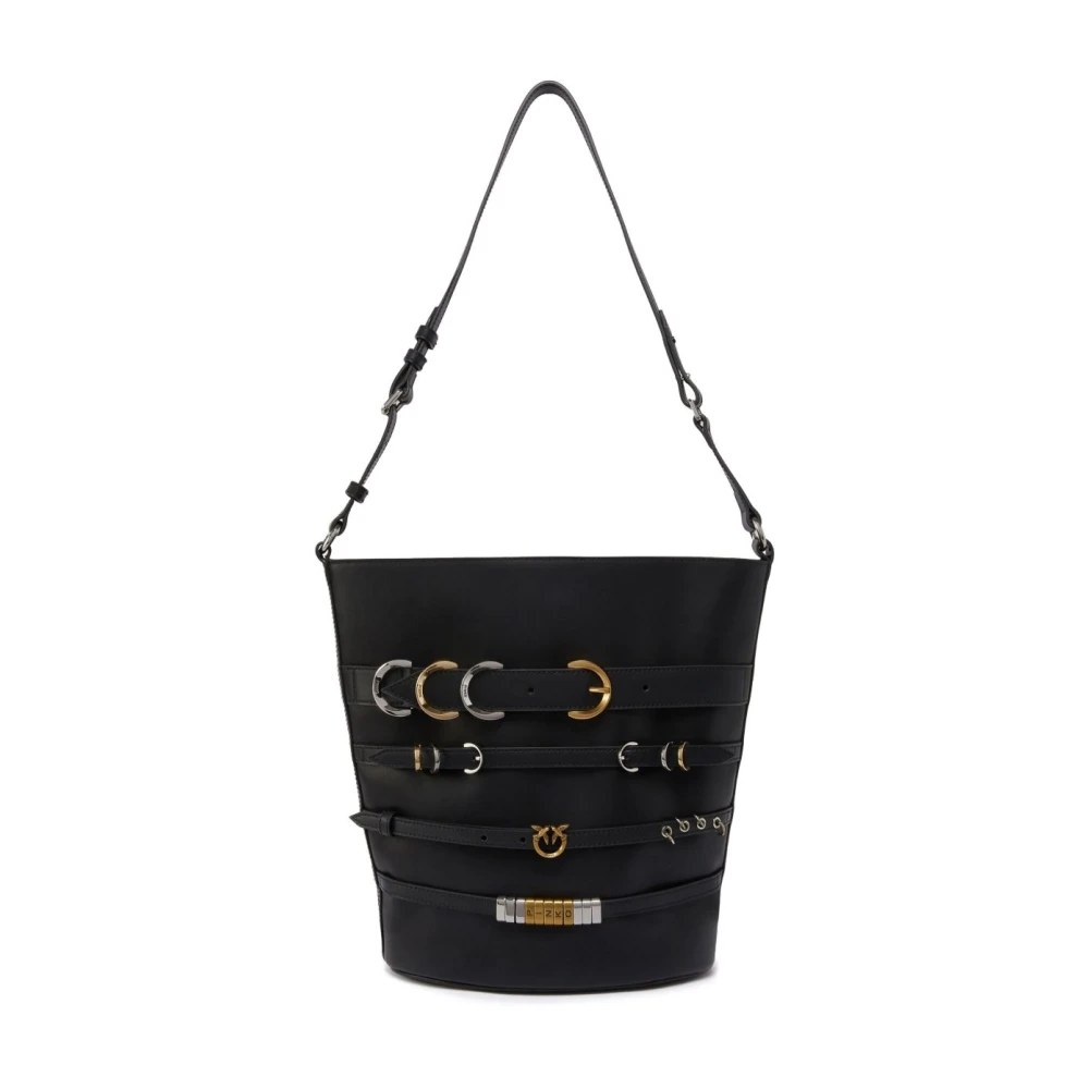 pinko Zwart en Goud Leren Handtas Black Dames