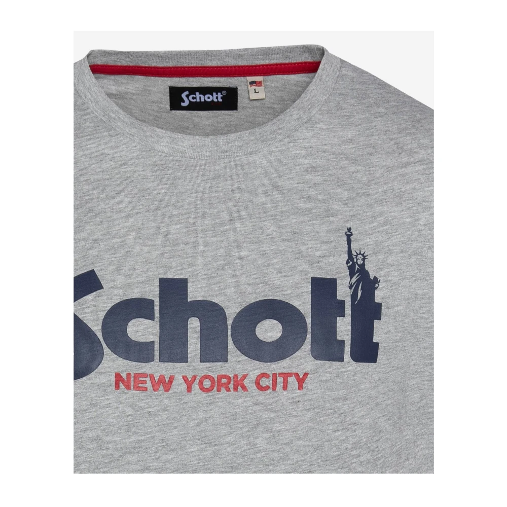 Schott NYC Katoen Logo TShirt Grijs Ronde Hals Korte Mouw Gray Heren