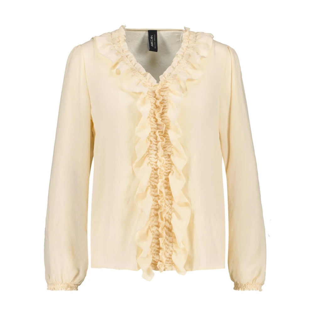 Marc Cain Vrouw Beige Overhemden Dames, 3XL, Polyester, Blouse Met Ruches En V-Hals