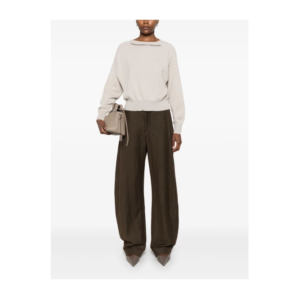 BRUNELLO CUCINELLI Kasjmier Beige Gebreide Trui Ronde Hals Beige Dames