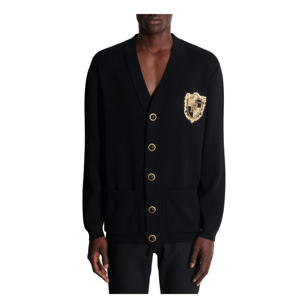 Balmain Gebreid vest met geborduurd embleem Black Heren