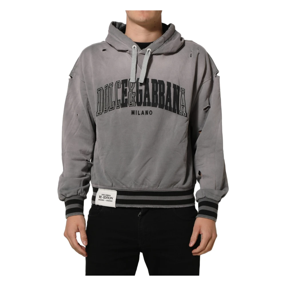 Dolce & Gabbana Gray Hoodies, Male, L, Graphic Hooded Sweatshirt