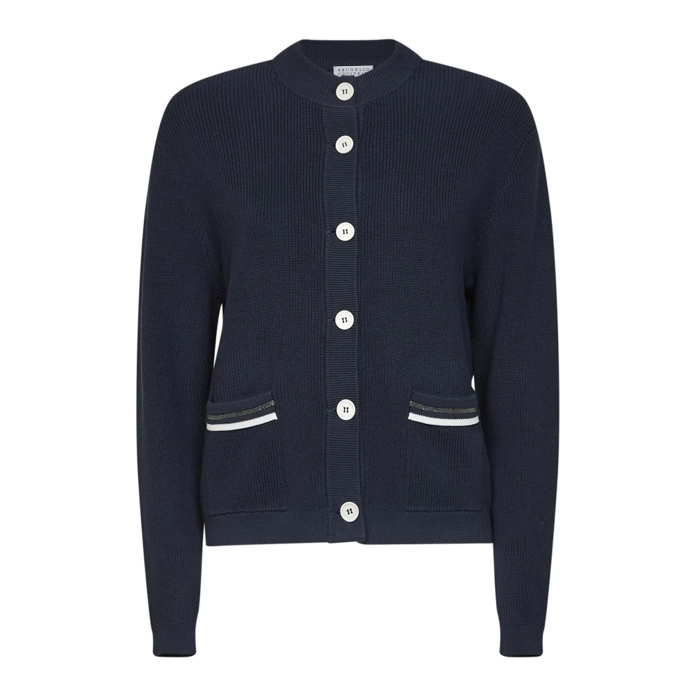 Brunello Cucinelli Women's Blue Cardigans, L, Cotton Ribbed Cardigan With Shiny Pocket Details