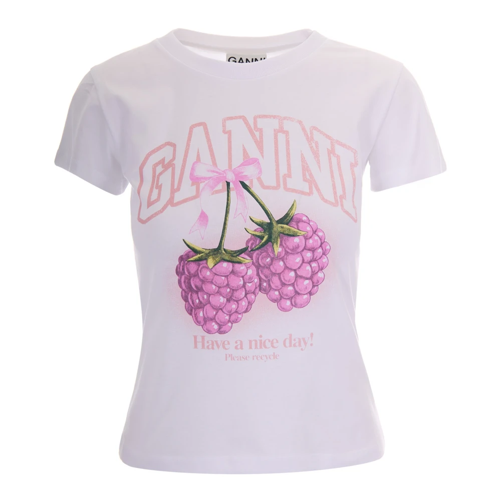 Ganni Women's White T-Shirts, Xs, Cotton T-Shirt With Raspberry Print