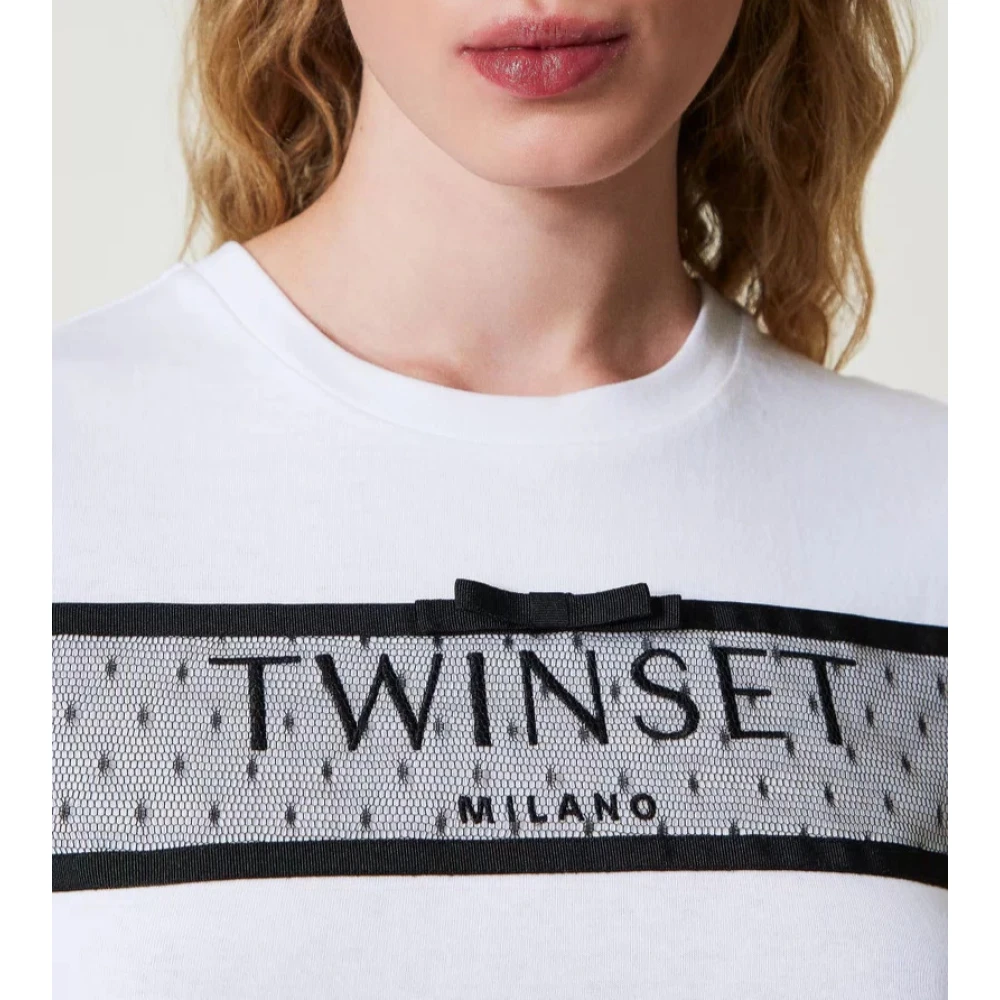 Twinset Tule Ruche Logo Geborduurd T-Shirt White Dames