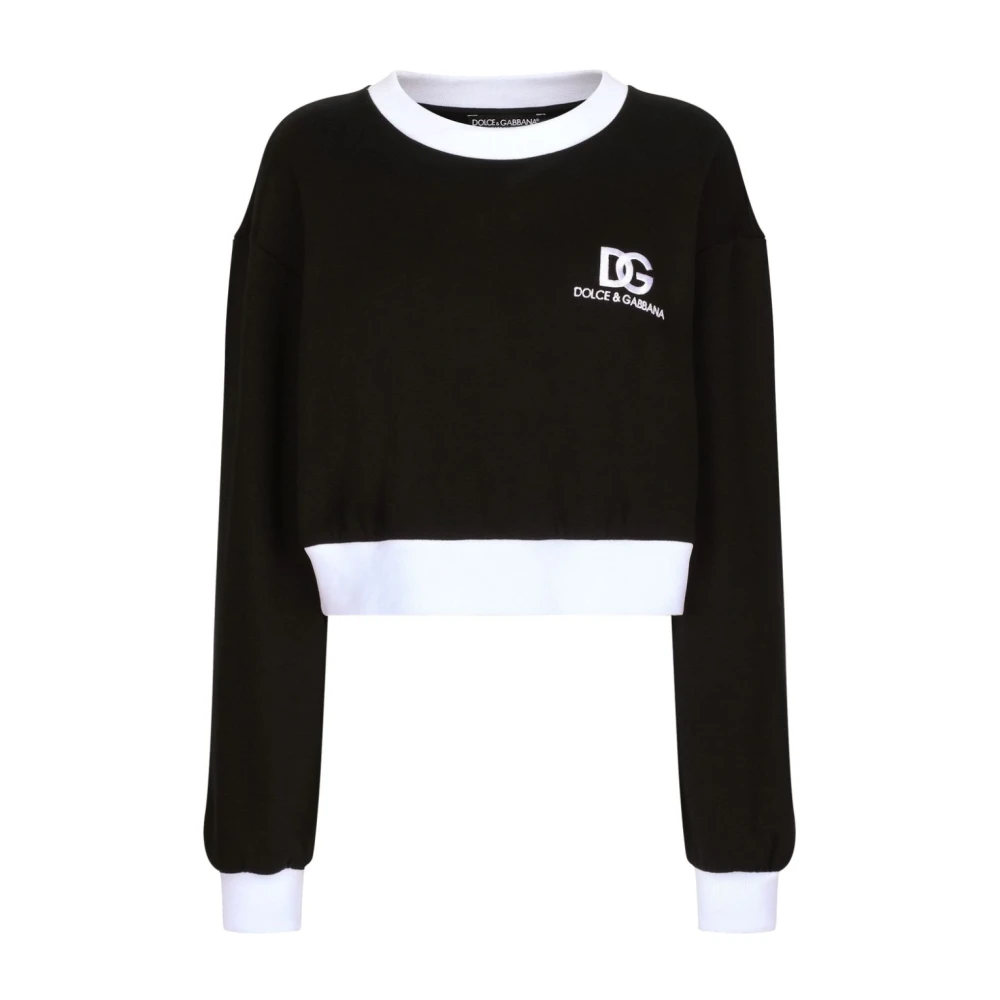 Dolce & Gabbana Zwarte Sweaters Twee-Tone Logo Print Ronde Hals Black Dames