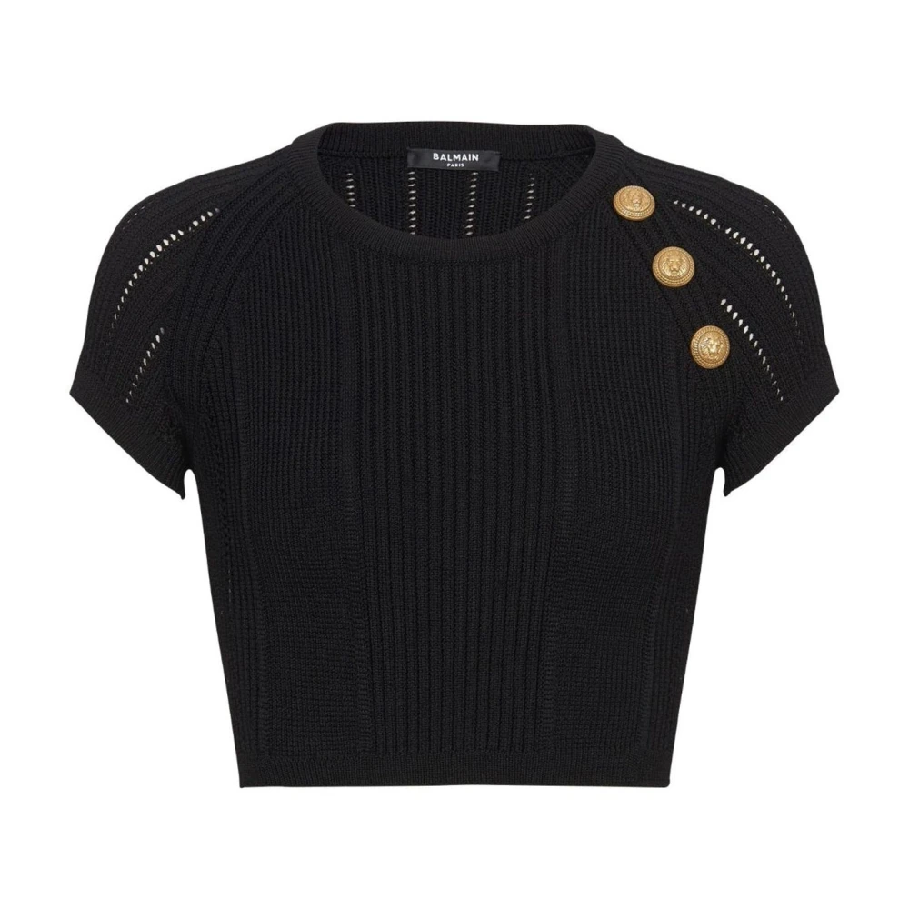 Balmain Zwarte Cropped Sweater met Gouden Knopen Black Dames