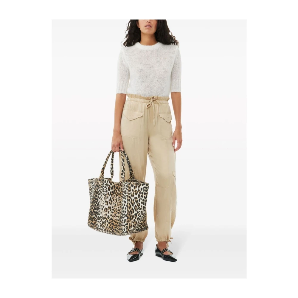 Ganni Luipaardprint Canvas Tote Tas Bruin Brown Dames