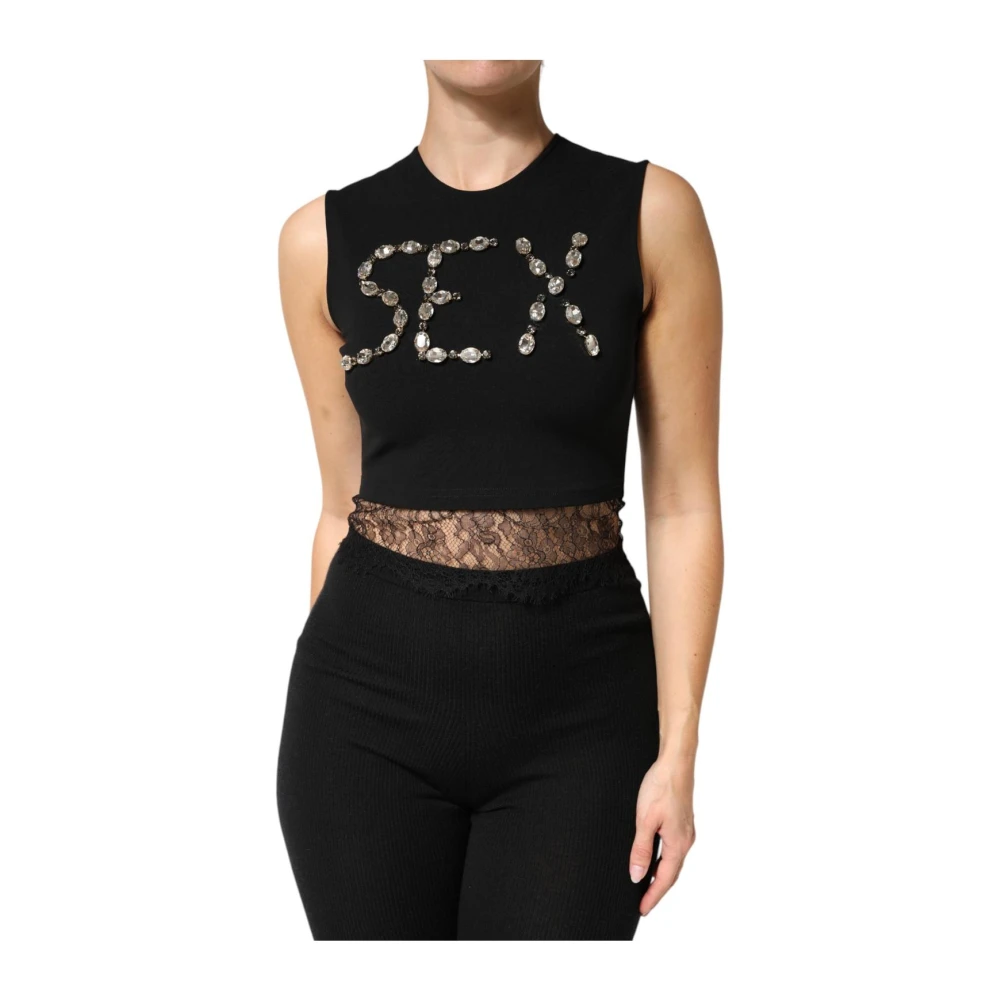 Dolce & Gabbana Svart Jersey Spets Volang Strass Utsmyckad Tank Top