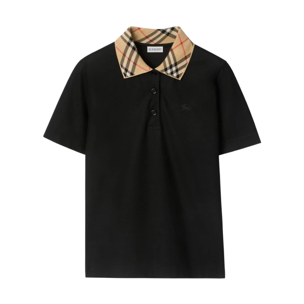 Burberry Women's Black Check Collar Cotton Polo Shirt