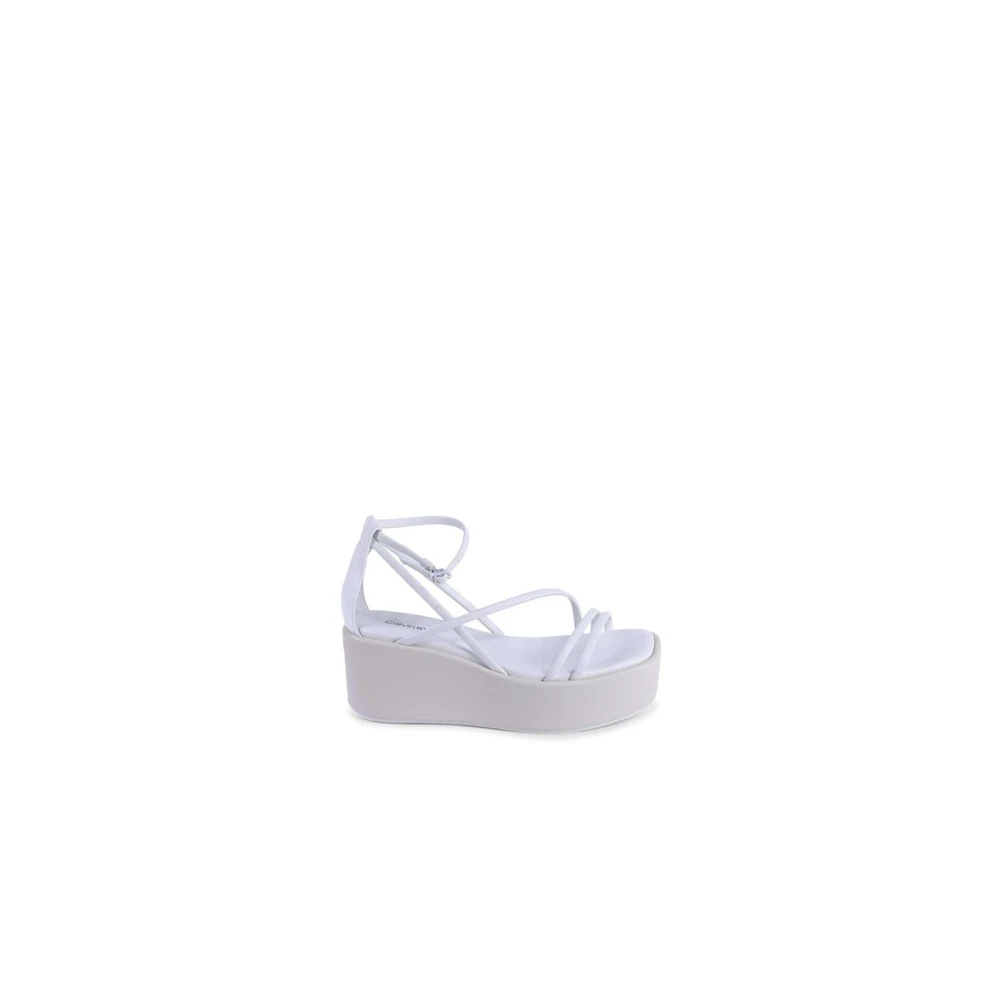 Calvin Klein Women's White Wedges, 7 Uk, Leather Platform Sandals With Adjustable Ankle Strap