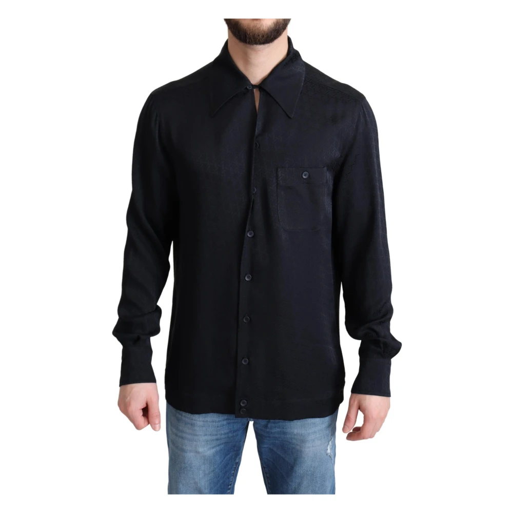 Dolce & Gabbana , Casual Shirts, Male, Black, Xs, Black Jacquard Silk Button-Down Shirt - Image 3