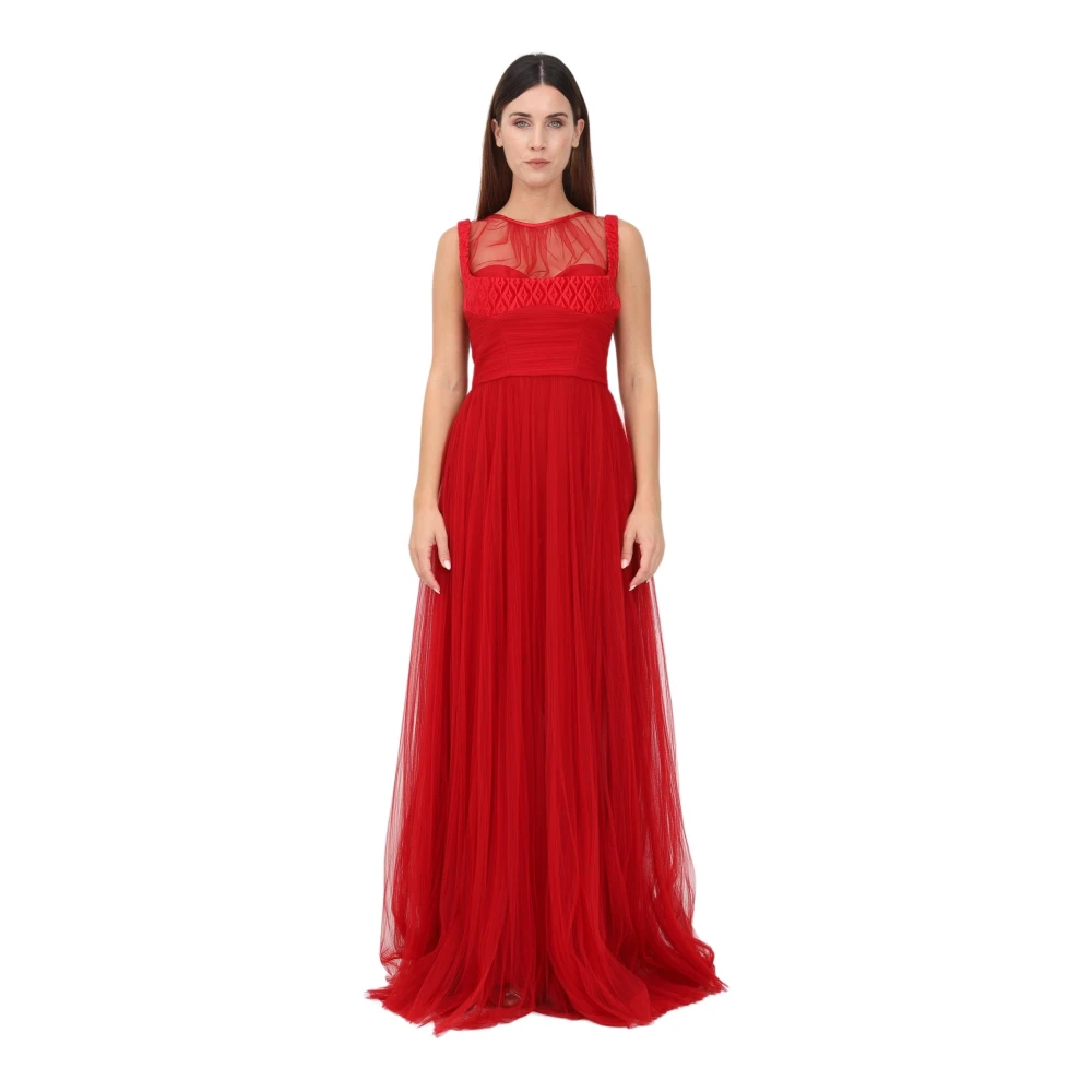 Elisabetta Franchi Rode loper geborduurde fluwelen jurk met gerimpelde tule rok Red Dames