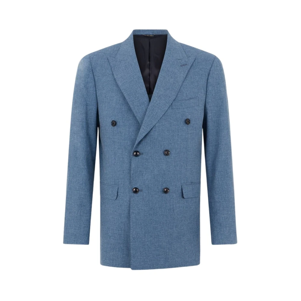 Brooks Brothers Blue Blazers, Male, L, Double Breasted Tropical Virgin Wool Blazer