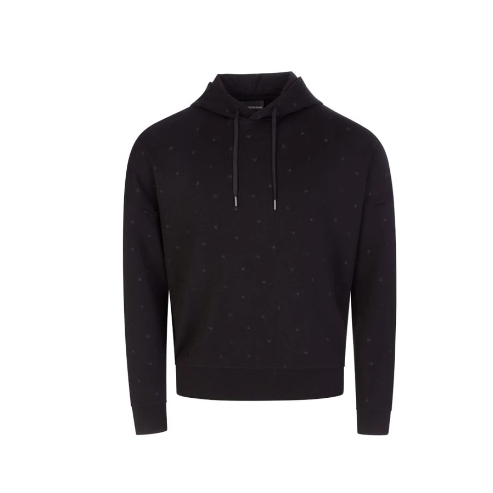 Emporio Armani Herr Double Jersey Hoodie med Micro Eagle Print Black, Herr