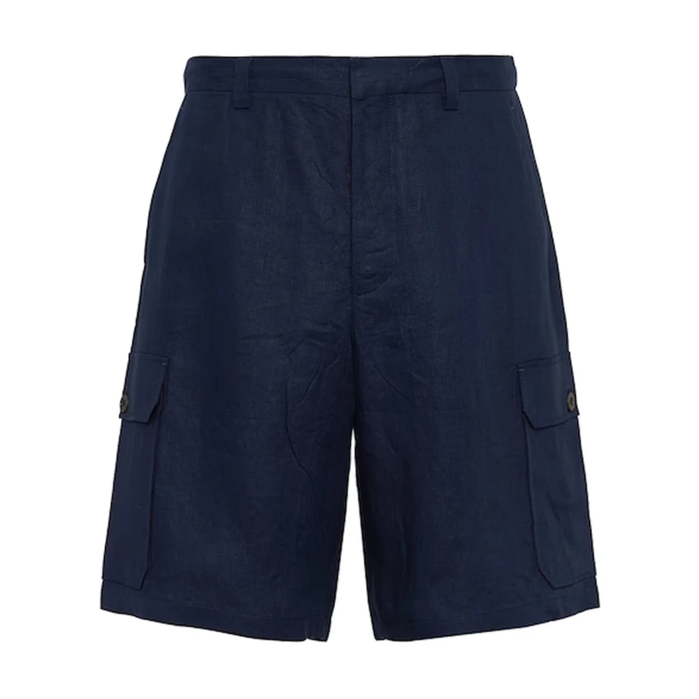 Prada Linnen Bermuda Shorts Elastische Taille Mannen Blue Heren