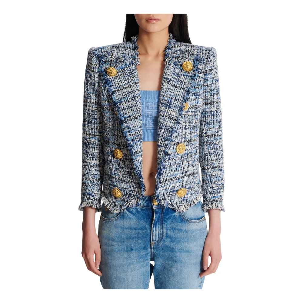 Balmain Geknipte tweed jasje met rand-tot-rand en 8 knopen Blue Dames