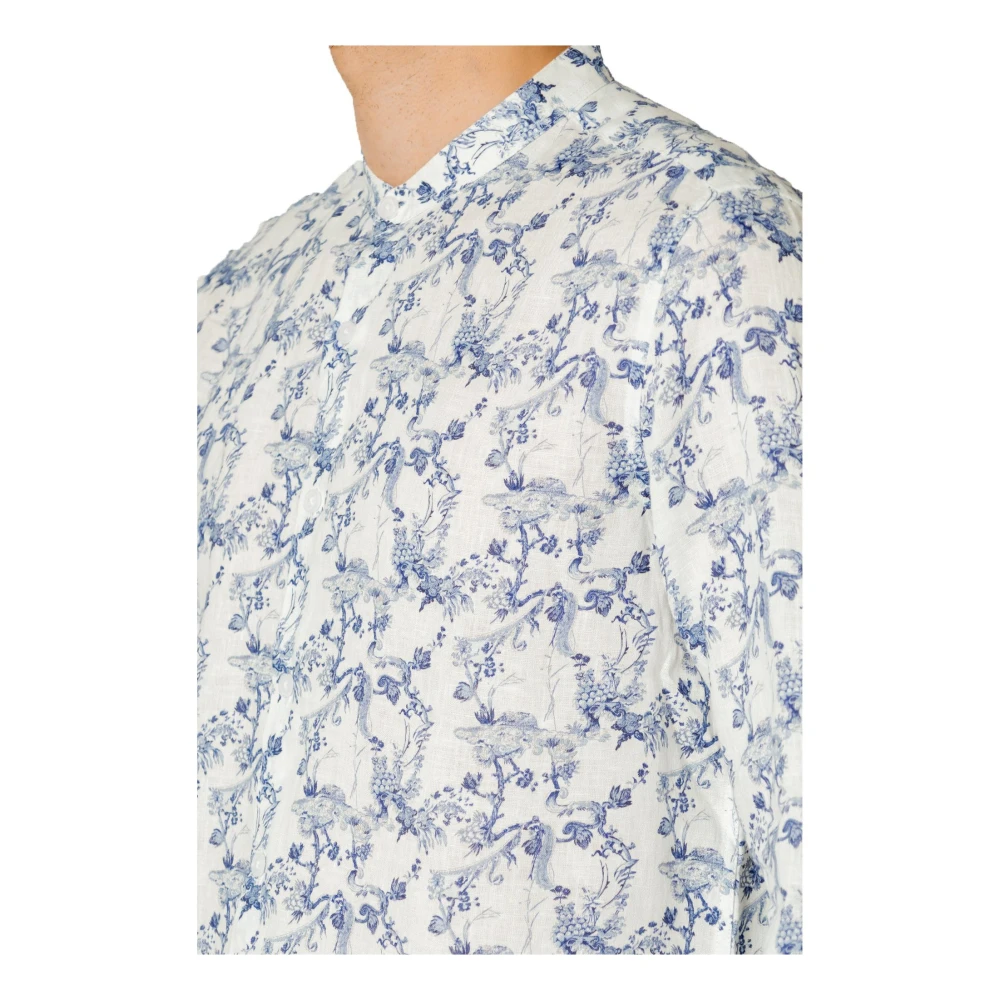 Gianni Lupo Blauwe Linnen Mandarin Print Shirt Multicolor Heren