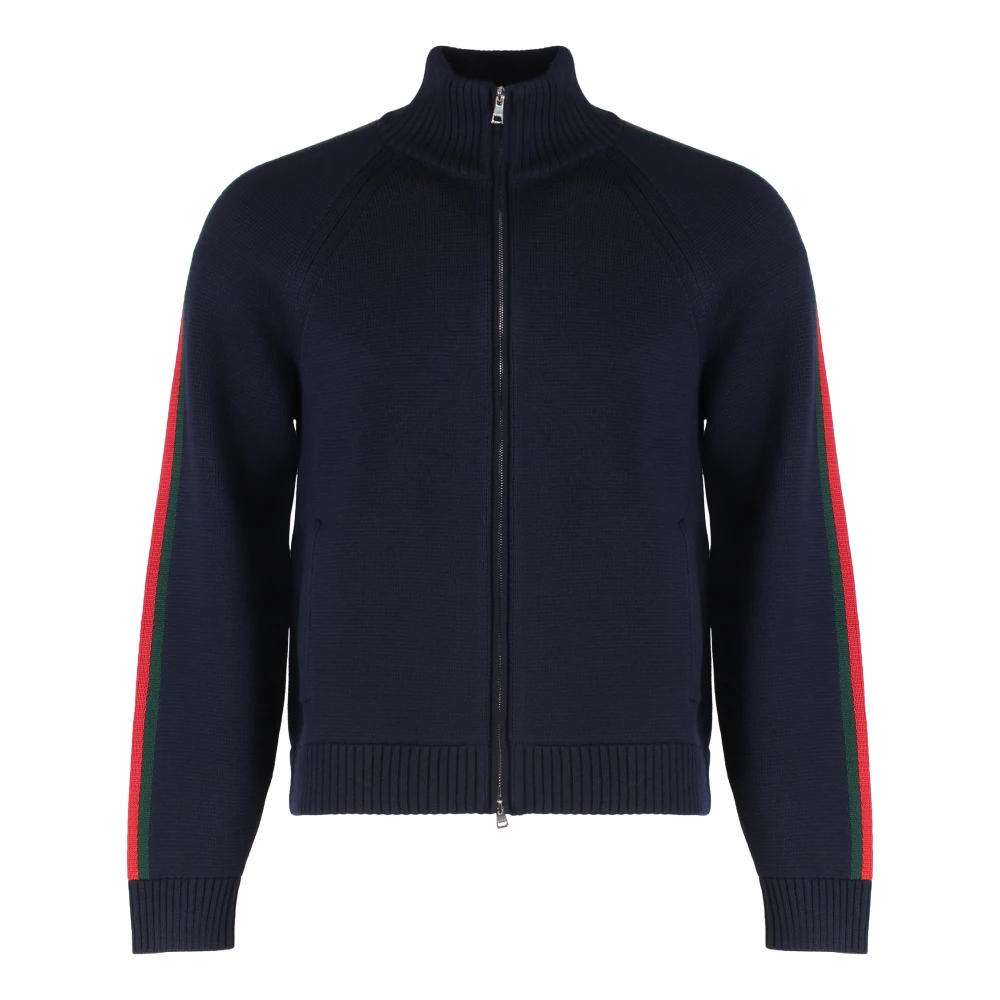 Gucci Men's Blue Cardigans, M, Woven Stitch Knit Wool Zip Jacket