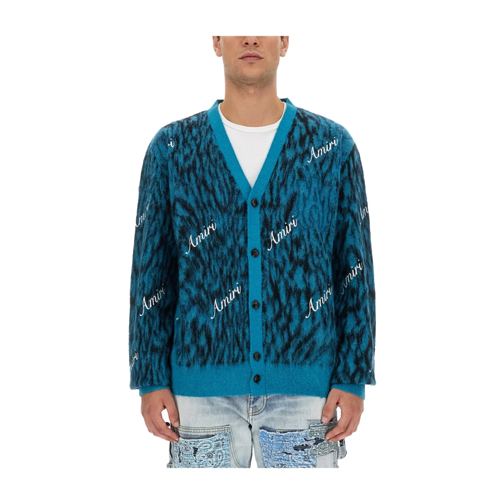 Amiri Mohair Alpaca V-Neck Cardigan Blue, Herr