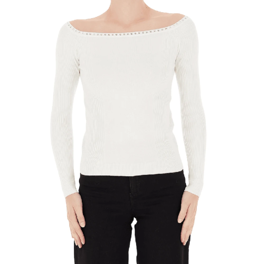 Liu Jo Witte Wol Geribbelde Bardot Top White Dames