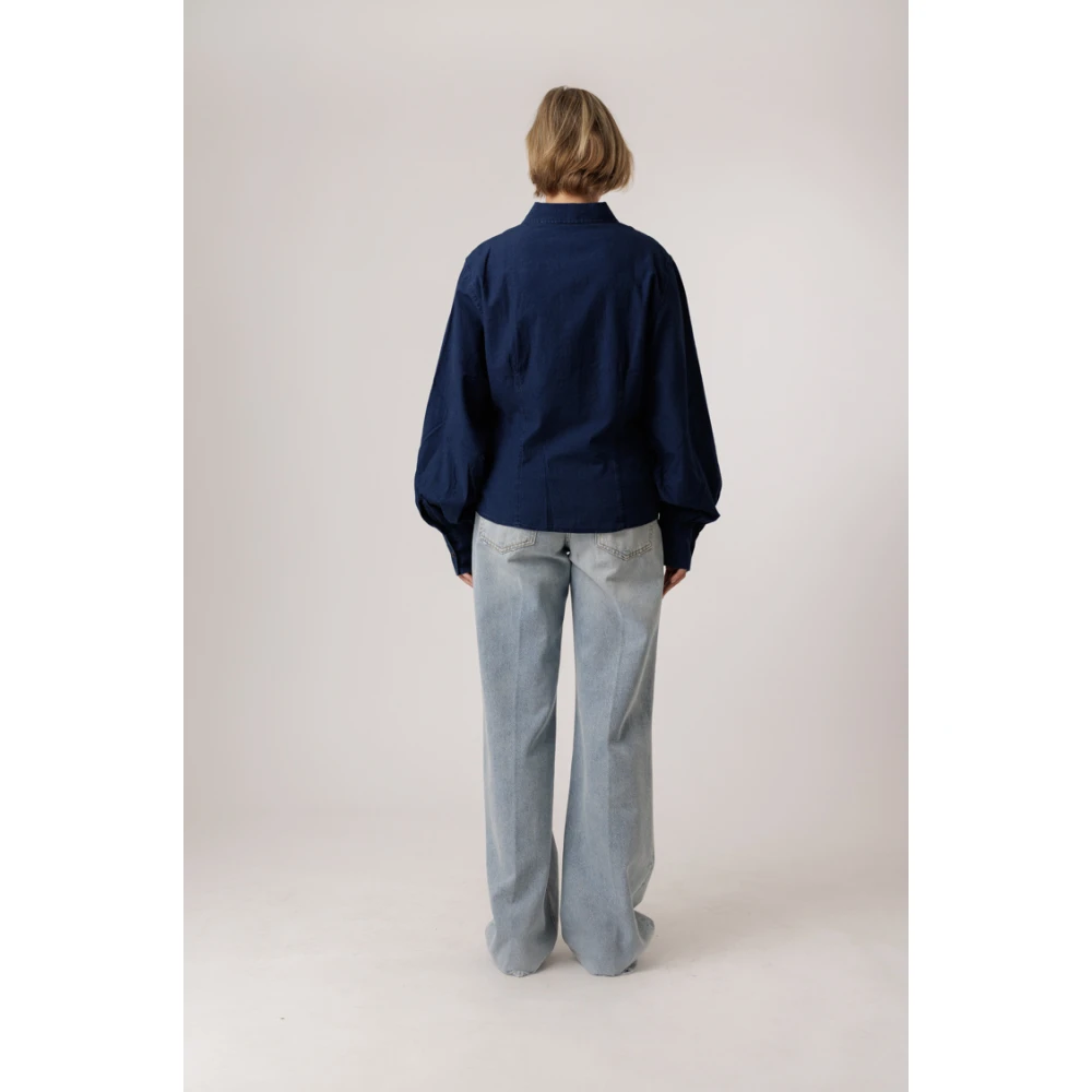 closed Donkerblauwe Katoenen Blouse met Decoratieve Stiksels Blue Dames