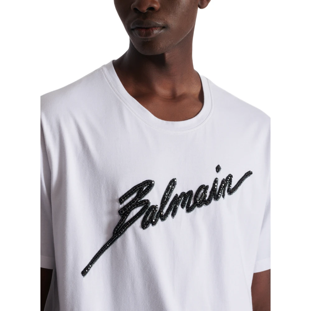 Balmain Geborduurd letter T-shirt White Heren