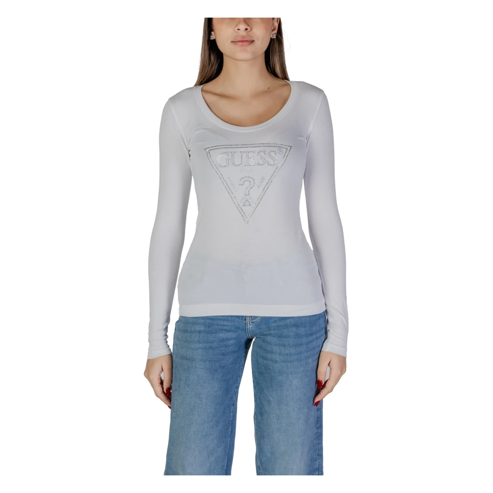 Guess Rhinestone Logo V-Neck Tee Lange Mouw White Dames