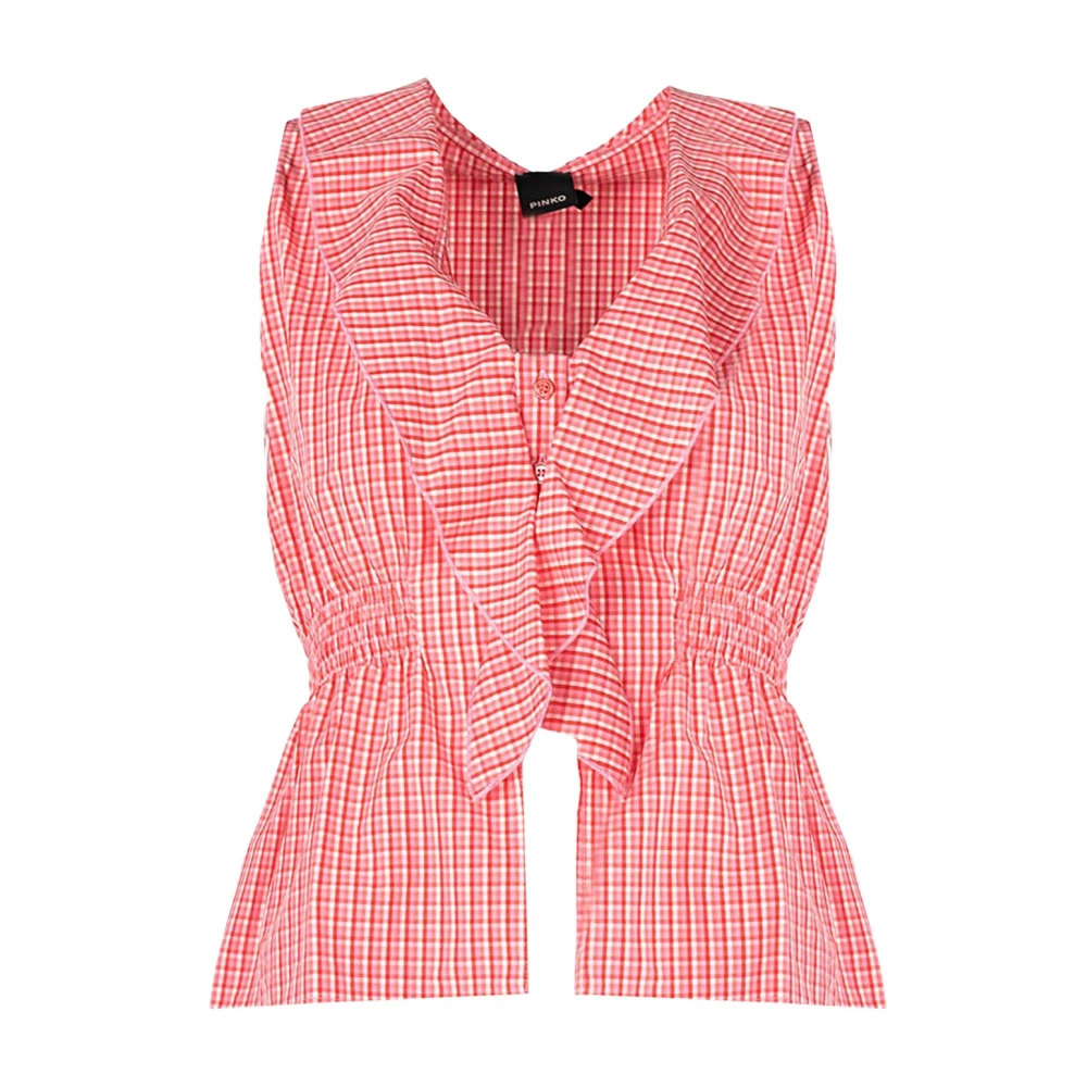 Pinko Vrouw Rood Geruite V-Hals Blouse Met Ruches
