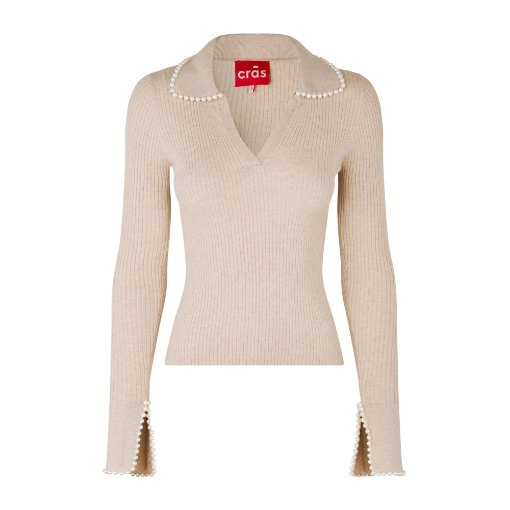 Cras Gebreide Blouse met Pareldetail Beige Dames