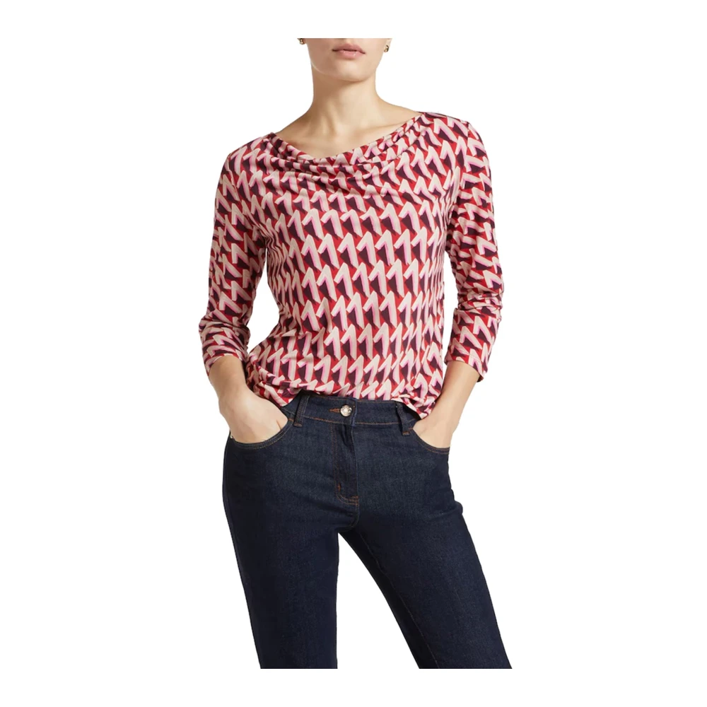 Elena Mirò Bedrukt T-shirt met watervalhalslijn Red Dames