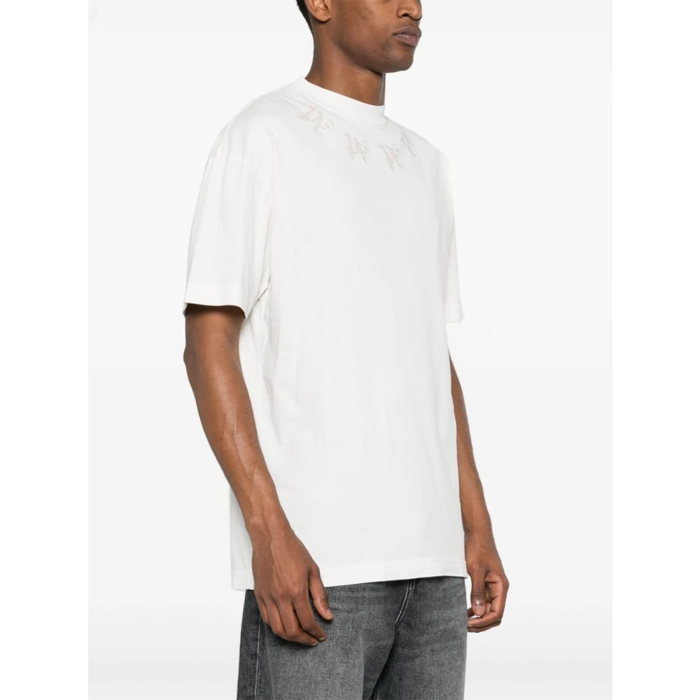 Palm Angels Monogram Crew-neck T-shirt met Orange Palm Tree Print Beige Heren