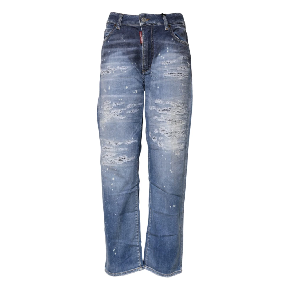 Dsquared2 Blue Loose Fit Jeans, Female, Xs, Tattered Cotton Mid Waist Straight Denim Jeans