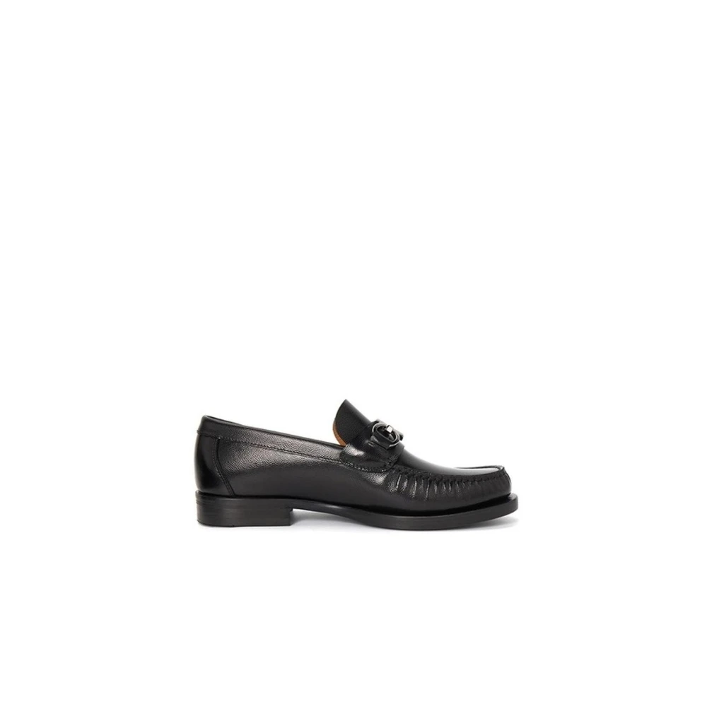 Ferragamo Men's Black Grained-Effect Slip-On Loafers With Glossy Trim