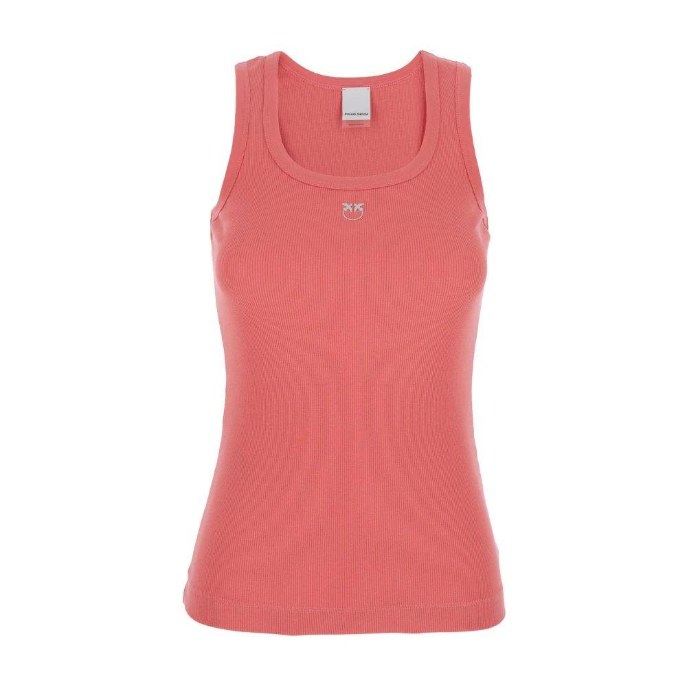 pinko Roze U-hals Logo Geborduurde Katoenen Top Pink Dames