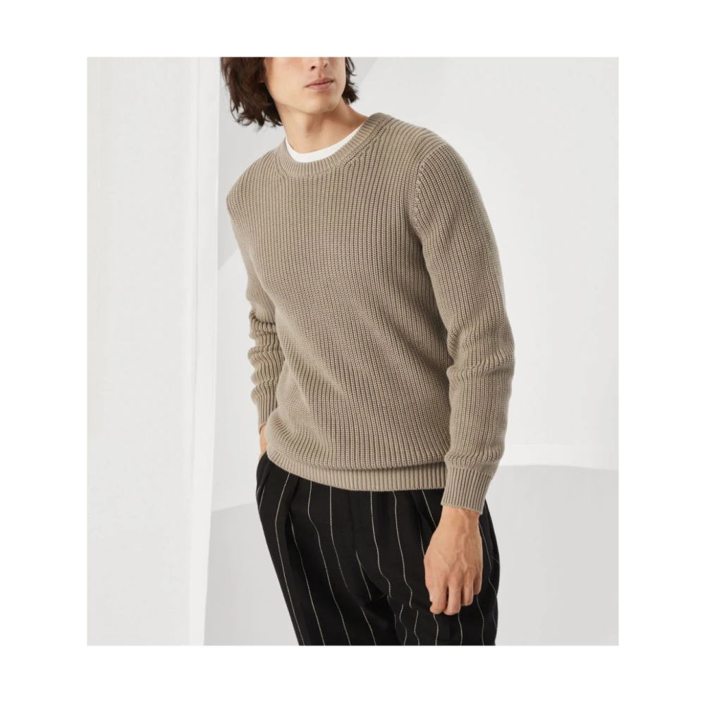 BRUNELLO CUCINELLI Geribbelde katoenen trui in khaki Brown Heren