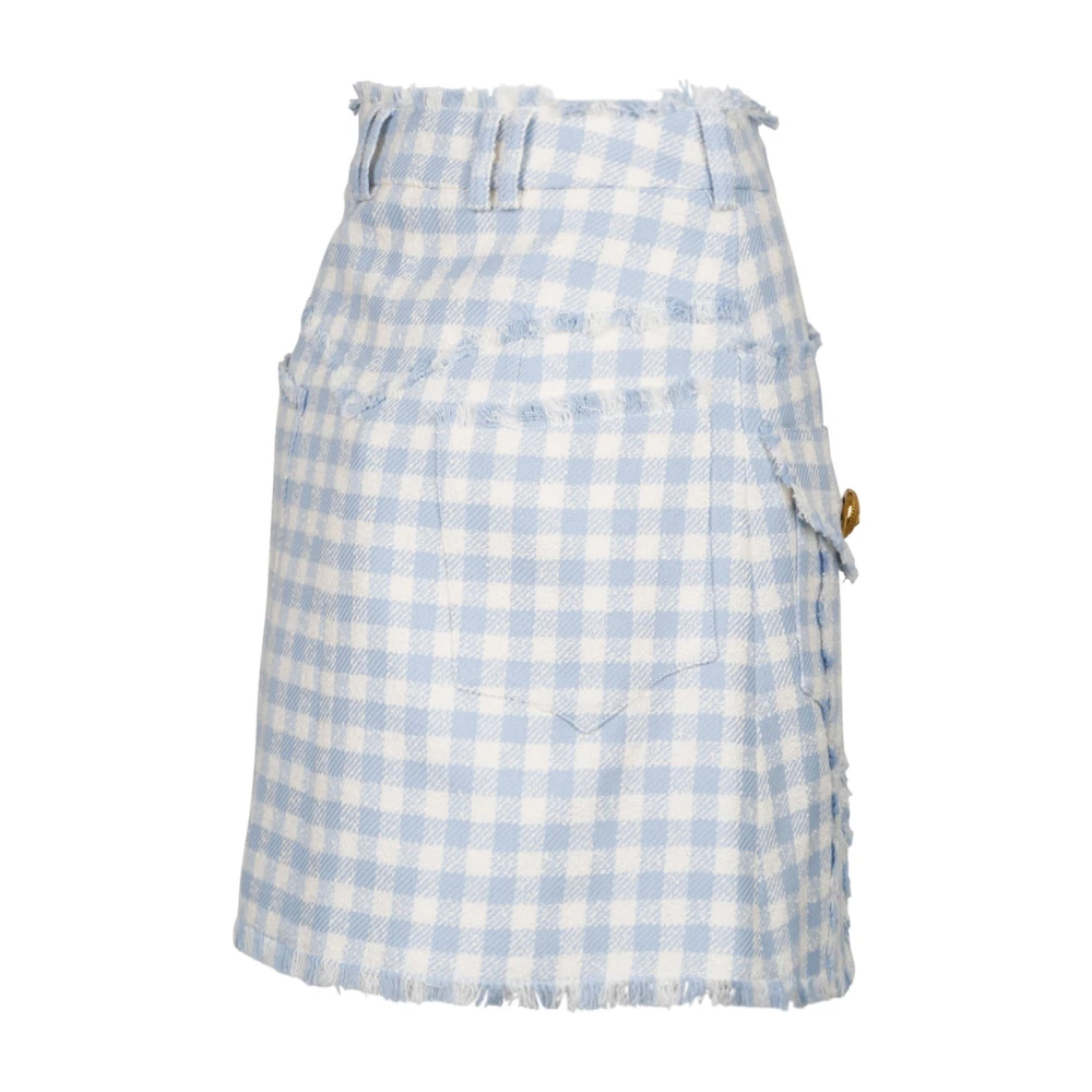 Balmain Blauwe Gingham Tweed A-Lijn Rok Blue Dames